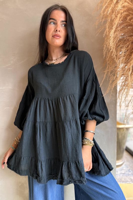 Driftwood Bell Sleeve Smock Top Black